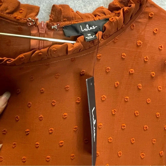 Lulu’s Dreaming of You Rust Swiss Dot Tiered Midi Dress - Picture 6 of 8